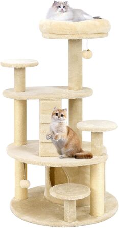 Дерев'яний кігтечка для котів Costway з будиночком, сходами, платформами та іграшкою (світло-бежевий)