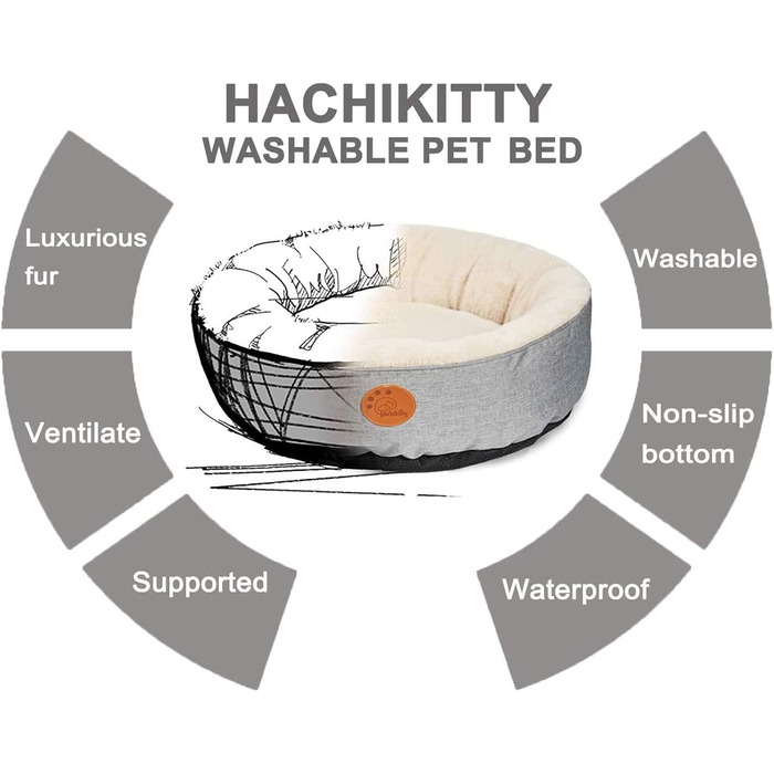 Котяче ліжко HACHIKITTY пончик, кругле, м'яке, для дому, середнє, машинне прання, 45 см