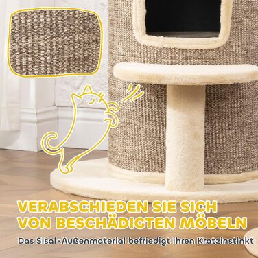 Кігтеточка PawHut для котів, 61 см, кігтеточний тунель з 2 печерами, стрибкова платформа, кігтеточний комплекс з сизалю та плюшу, для маленьких котів, бежевий