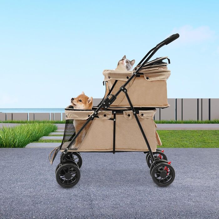 Візок для собак та котів, 2-шарів, до 15 кг, складний, з сіткою для вентиляції та ременями безпеки, Khaki