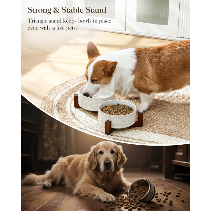 Набір мисок для собак Malacasa з підставкою з горіхового дерева, 3.5 чашок кераміки, миски для кормів та води для цуценят та собак, з антиковзним дном, підходить для собак та котів. В комплекті: п'ятилистове трав'яне добриво + стільнички.