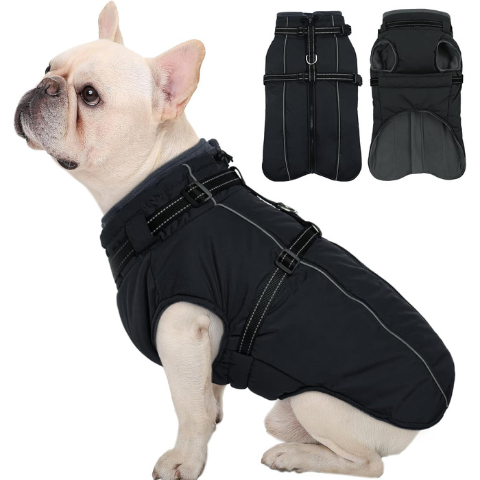 Водонепроникна куртка Kuoser для собак - теплий зимовий одяг для маленьких собак, флісова куртка, одяг для собак, чорний, S (Обхват грудей: 44 см; Обхват шиї: 32 см)