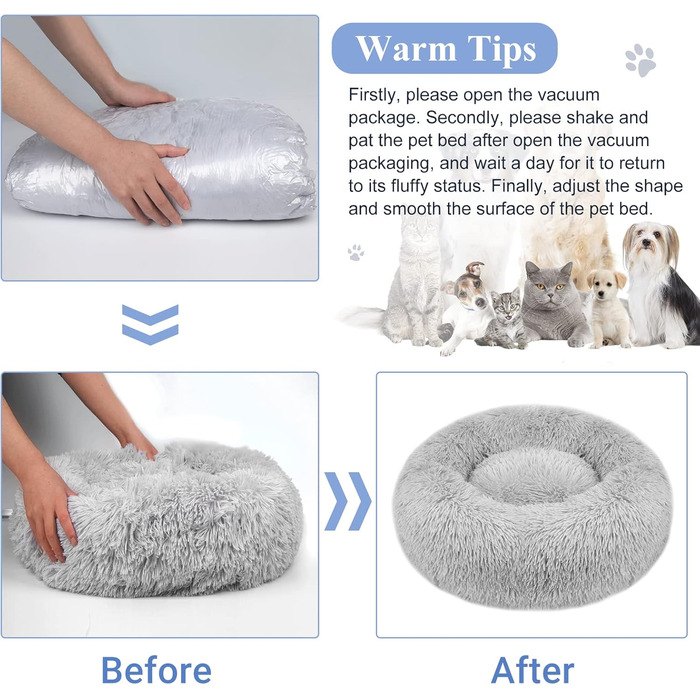 Заспокійливе ліжко для собак знімний чохол, миється, ліжко-пончик проти тривоги, м'яке, кругле, затишне, плюшеве, тепле, 60 см, світло-сірий, зовнішній діаметр 60 см (M), чорний