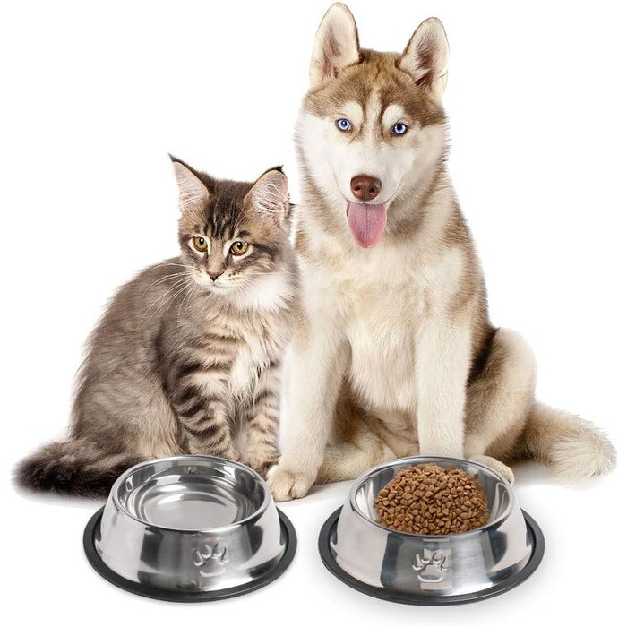 Набори мисок для котів з нержавіючої сталі, 3 шт. - для корму та води, з гумовим дном
