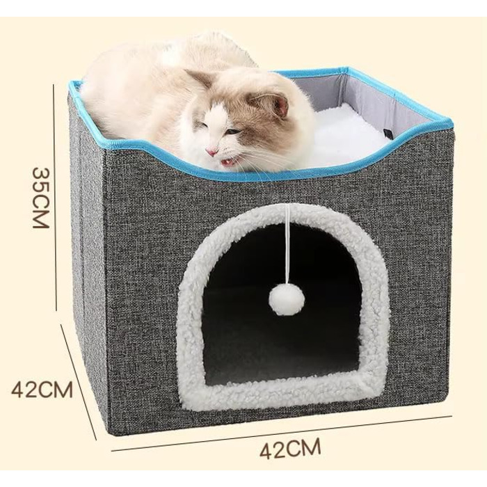 Будиночок для котів Fluffy Paws Store – велика м'яка котяча нора для домашніх котів з підвішеним пухнастим м'ячем і кігтеточкою, складаний кішковий будинок 41,9x41,9x33 см, сірий