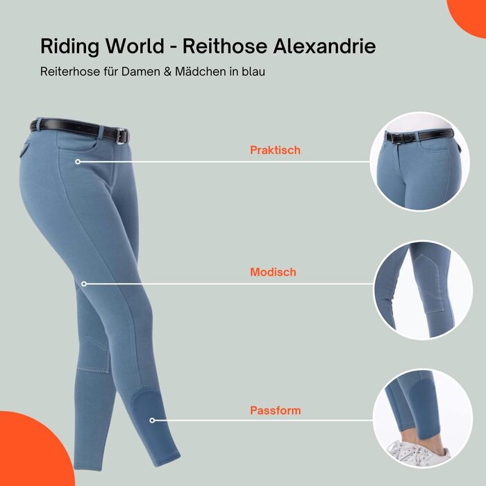 Верхні штани для верхової їзди Riding World Alexandrie для жінок та дітей | Штани для верхової їзди з накладкою на колінах з тканини | з кишенями спереду | Легінси для верхової їзди в шести кольорах | Екіпірування для верхової їзди розмір 104-176 та 32-44