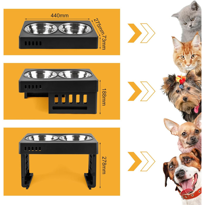 Підвищений годівниця для собак та котів 2-в-1, 4 регульовані висоти, підставка Anti-Slip з нержавіючою чашею, чорний (44 x 27,5 x 7 см)