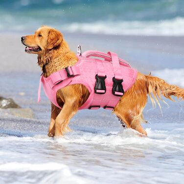 Жилет для плавання собак Kuoser: регульований, з рипстоп тканини, для малих, середніх та великих собак, з ручкою для рятування, рожевий (M)