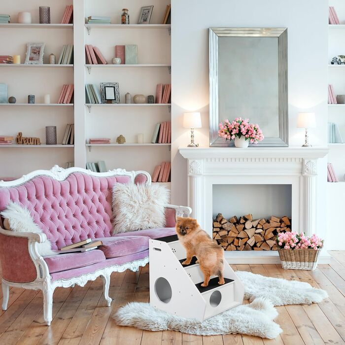 Сходи для собак і котів Relaxdays, 3 сходинки, 52,5x42x60 см, килимове покриття, для ліжка та дивану, біло-чорні
