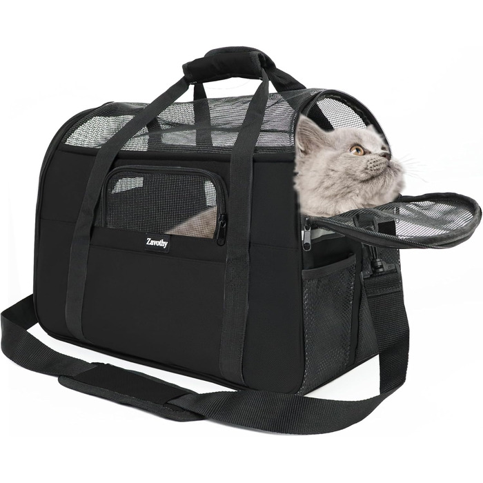 Транспортна сумка для котів та собак, дихаюча та складна, переноска для котів з регульованим плечовим ременем, знімний плюшевий килимок (Чорний, M)