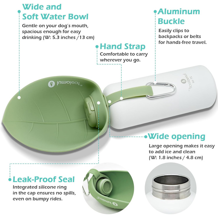 LumoLeaf Ізольована термофляга для собак, 800 мл - Зберігає воду холодною або теплою годинами, міцна та портативна для подорожей, широке горлечко для зручного наповнення та миття (Зелена, 800 мл)