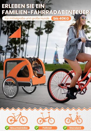 SEPNINE® Причіп для собак XL 2-в-1, велосипедний та візок для собак до 40 кг, складний з гальмами та з'єднувачем для середніх та великих собак - Синій (Помаранчевий)