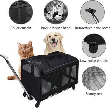 Рол-сумка для тварин з двома відділеннями, велика сумка-переноска для котів на колесах, чорна переноска для тварин до 15,9 кг, з супер вентиляцією та знімними колесами для 2 тварин