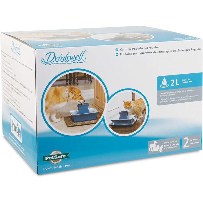 Керамічний фонтан для води PetSafe Drinkwell 2л, подвійний струмінь, для котів і собак, синій