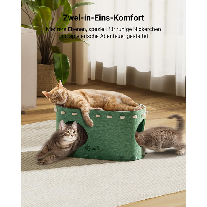 Кігтеточка-будиночок для котів DownyPaws з фетру, 2-ярусна, 50x33x50 см, зелена