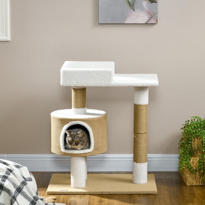 Дерев'яний кігтеточка PawHut для котів з будиночком, лежаком та кріпленням з джуту, до 8 кг, коричнево-білий, імітація кашеміру