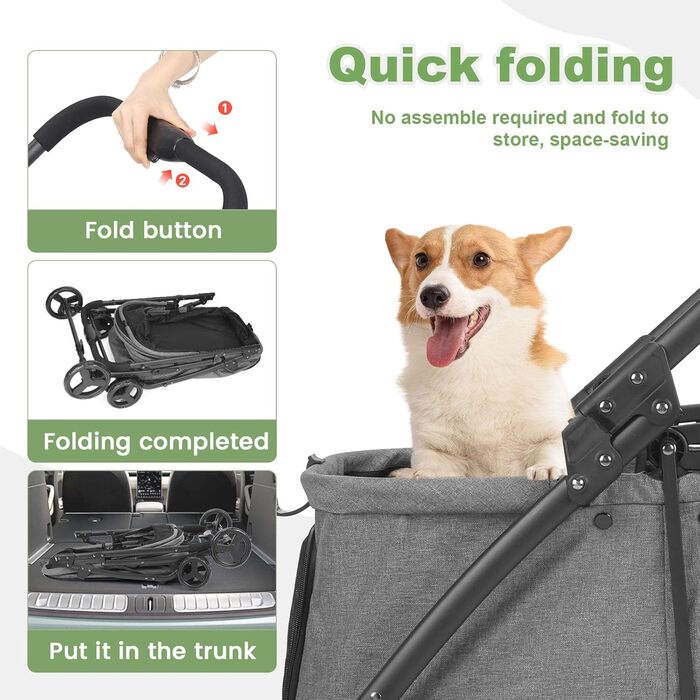 Дитяча коляска для собак з 4 колесами, складна, з регульованою ручкою, подвійна місткість, вагон-візок для собак, з передньою дверцею, для маленьких (Блакитно-зелений) (Темно-сірий)