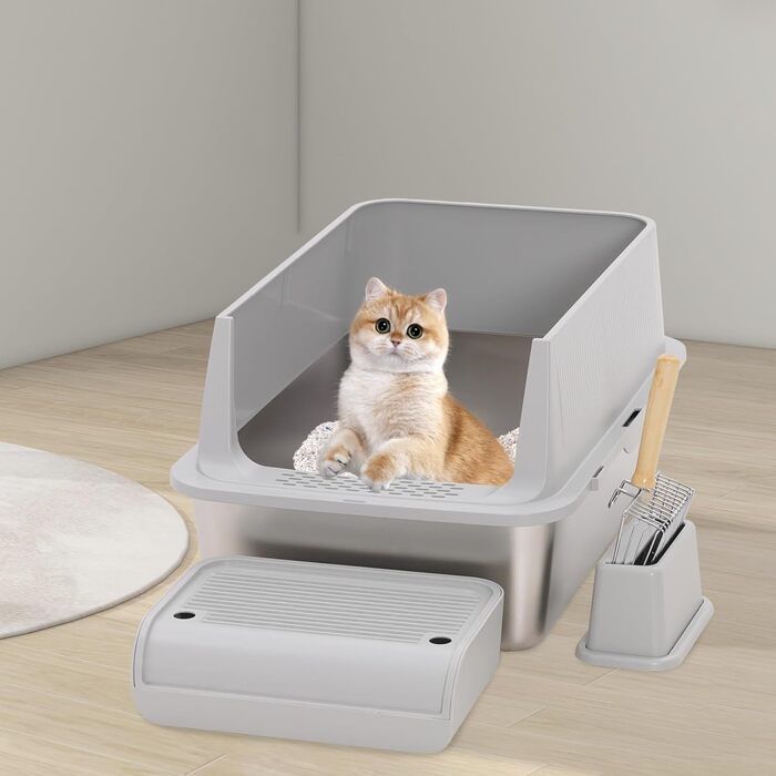 Набір для котячого туалету Yosamy Katzentoilette Edelstahl XXL, 60x40 см, з лотком, педалем та совком, легко миється, сірий