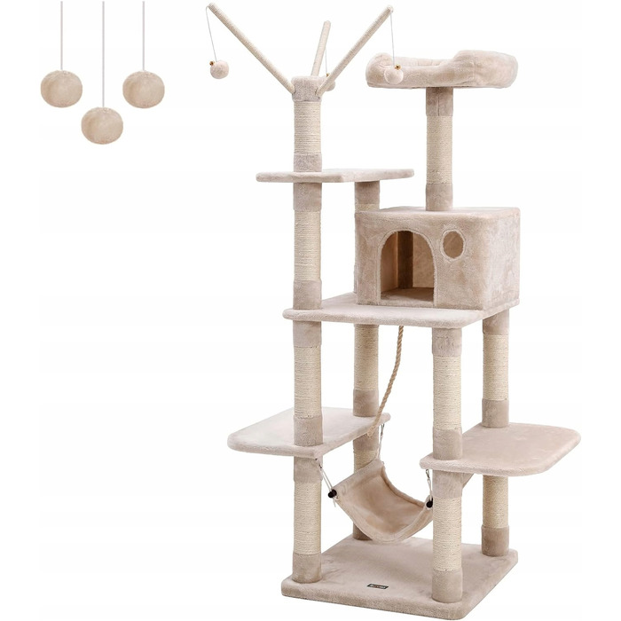 Великий когтеточка-будиночок для кота бежевого кольору з гамаком та сизалевою печеркою
