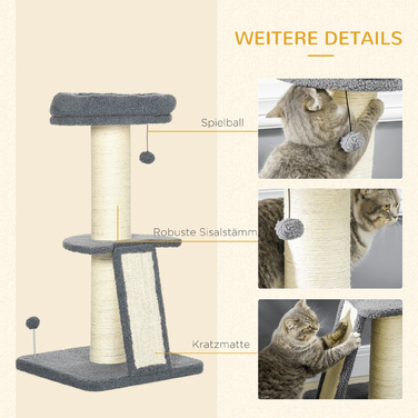PawHut Cat Tree Велике 92 см Котяче дерево з імітацією баранячої шкіри, дряпаючим стеблом, платформою та ігровим м'ячем, темно-сіро-кремово-біле