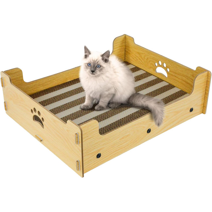 Кігтечка для котів з картону велика XXL, лежанка-кігтеточка, коробка для котів, кігтешкребок, килимок для котів з високоякісного гофрокартону та дерева, 48,5x40x15,5 см, подарунок для любителів котів, жовто-білі смуги