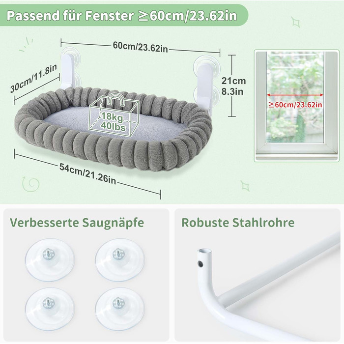 Лежанка для котів GUUSII HOE на вікно, складна, до 18 кг, з кріпленням на присосках, знімний чохол (білий, сірий)