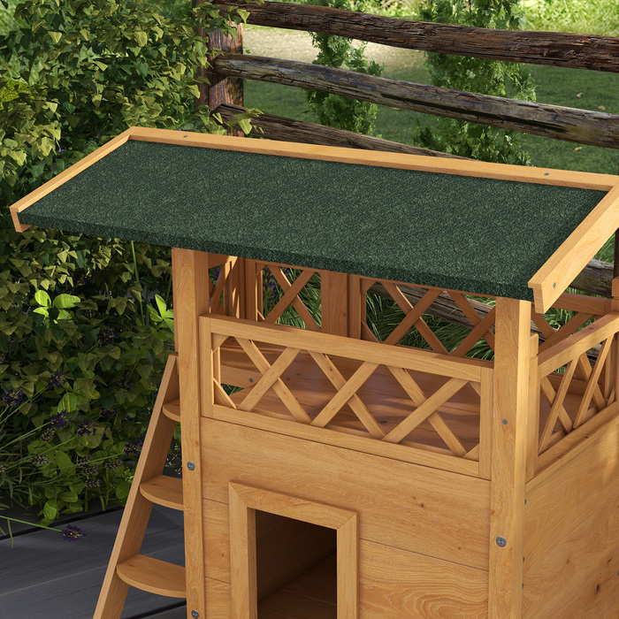 PawHut Cat House 2-поверховий з асфальтовим дахом і балконом, вілла для кішок з масиву дерева зі сходами, натуральна, 77x50x73см| Аосом