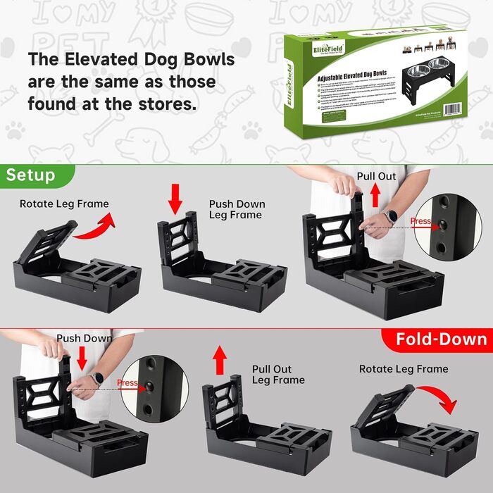Підвищені годівниці для собак EliteField з нержавіючої сталі (2 роки гарантії), 2 миски, 5 регульованих висот (10.2 см, 24.1 см, 26.7 см, 29.2 см, 32.4 см), для собак будь-якого віку, маленьких та великих
