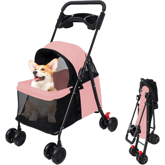 Kamulouk Візок для собак з 4 колесами, туристичний, для вигулу домашніх тварин, з тримачем для напоїв, універсальний для котів та собак, з дихаючою сіткою, для середніх та маленьких собак (Рожевий)
