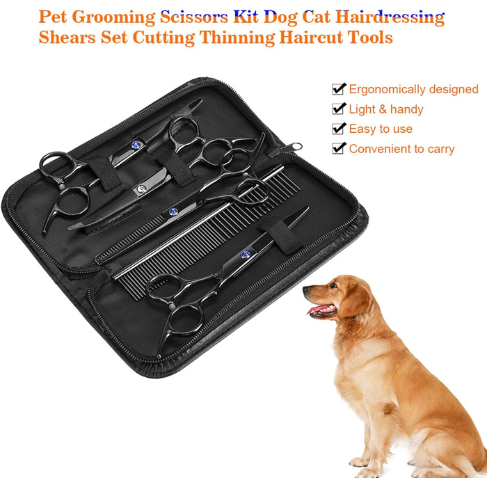 Набір догляду за тваринами, 7 шт. - професійні ножиці для собак та котів, нержавіюча сталь