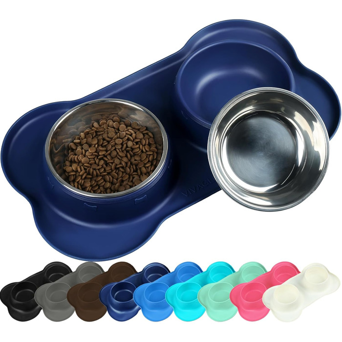 Миска для собак VIVAGLORY Splashfree - нерозливна миска, нержавіюча сталь, силіконова підставка, для кемпінгу, S, Navy Blue, 236 мл