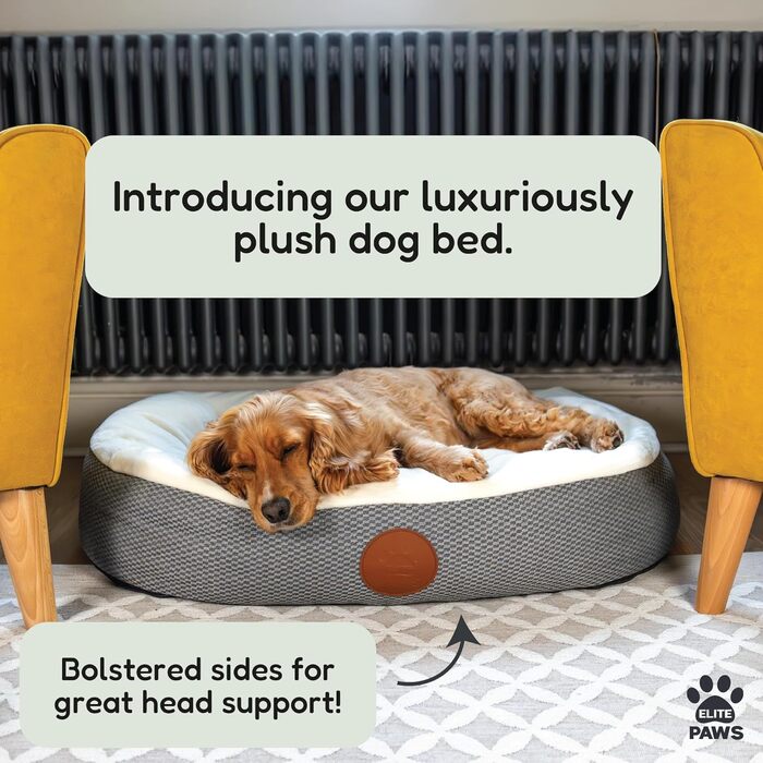 Ліжко для собак Elite Paws UK: ортопедичне, з двошаровим шаром піни та плюшевою подушкою, підтримка голови, шиї та суглобів, знімний чохол з флісу кремово-сірого кольору