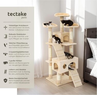 tectake® Великий дряпак для котів, середній котячий комплекс із 3 сизалевими стовпчиками, 3 місцями для відпочинку, будиночком і 2 сходами, для котів і кошенят, бежевий