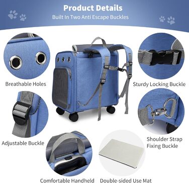 PETCUTE Рюкзак-переноска для котів та собак з візком 2 в 1 до 11 кг, складаний, з підкладкою, багатофункціональний, дихаючий, для подорожей (Блакитний)
