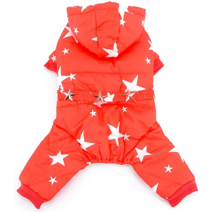 Зуена Зимовий теплий костюм для собак з капюшоном, флісовою підкладкою та зірковим поясом. Водонепроникний костюм для собак, теплий одяг для собак, худі, комбінезон для котів, цуценят, чихуахуа. Розмір L (спинка 30 см, груди 42 см), червоний