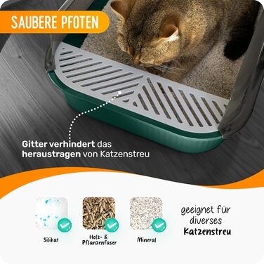 PETLIMA® Відкрита туалетна коробка для котів 50,5x34,5x18,5 см з високим бортом, вентиляцією, совком, ґраткою та килимком для чистоти, для кошенят та малих котів, зелена