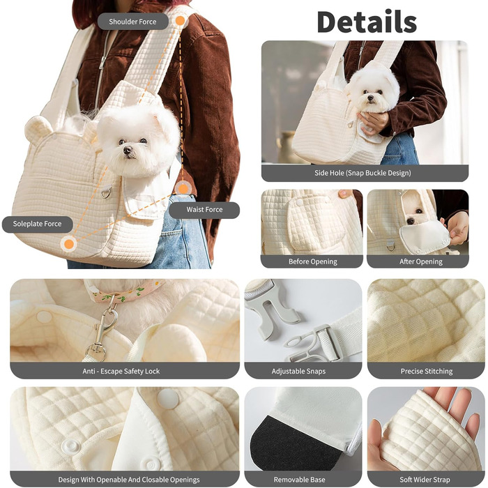 PETCUTE Сумка-переноска для собак та котів, зручна та безпечна, з регульованим ременем та знімним дном, бежева