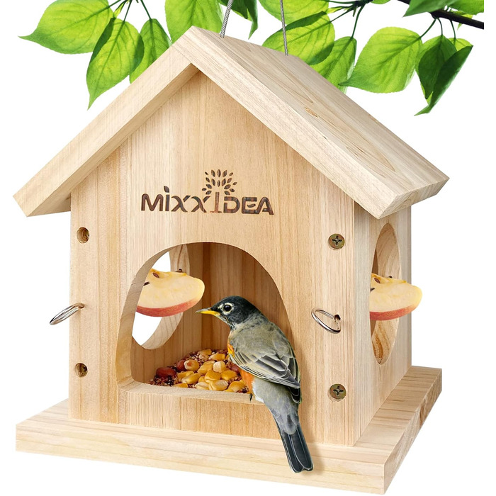 Годівниця для птахів Mixxidea з дерева, багатофункціональна годівниця для диких птахів, підвісна, з кедрової деревини, легко чистити та заповнювати, дерев'яного кольору