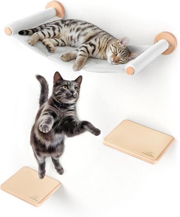 Кігтеточка-стіна Curious Paw для котів з гамаком - великі сходи з бука (Made in Germany), 2 сходи та гамак
