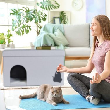 Складаний пуф-будиночок для кота Relaxdays, сіра кішкова лежанка з кришкою та подушкою, навантаження до 100 кг, 40,5x72x40,5 см