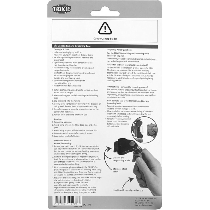 Тріксі Щітка-гребінець для видалення підшерстка - змінний гребінець, нержавіюча сталь, гумовий грифель - чорний/синій (7 x 15 см) - для собак та котів