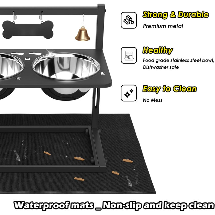 Підвищені годівниці для собак великих та екстра-великих порід, з антипроливною підкладкою, об'єм 3000 мл (2 шт.), стабільна годівниця висотою 46 см, коричневого кольору. Металеві годівниці та підкладка, 2.863 мл, 46 см