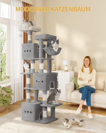Великий котячий будиночок-кліматизатор, 193 см, XXL, 7 стовпчиків для дряпання, 3 будиночки, 2 платформи, 2 іграшкові кульки, кошик, мотузка для лазіння, багатоповерховий, сірий, MS19218LG