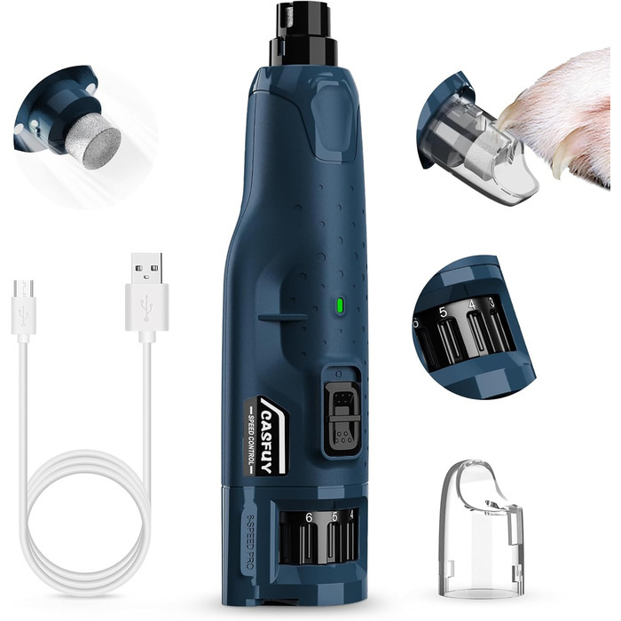 Електричний точилка для кігтів собак та котів Casfuy - 6 режимів, 45 dB, з LED-підсвічуванням, для великих, середніх та маленьких тварин, з захистом від пилу, блакитний