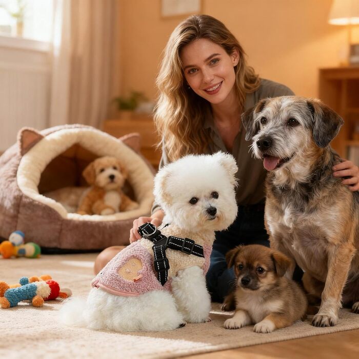 Зимовий теплий одяг для собак - куртка з флісовою підкладкою, отвором для шлейки, для маленьких та середніх собак, зелено-білий (рожевий/білий)