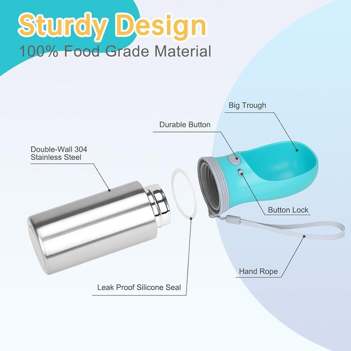 Портативна пляшка для води для собак 400 мл, нержавіюча сталь, без витоку, дозатор води для цуценят з годівницею, для подорожей, прогулянок, походів та активного відпочинку