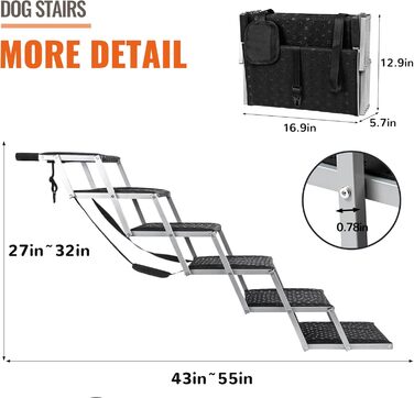 Сходинка для собак у автомобіль - широка, складна, з антиковзким покриттям, для авто, SUV, вантажівок, підтримує до 113 кг (6 сходинок, срібна)
