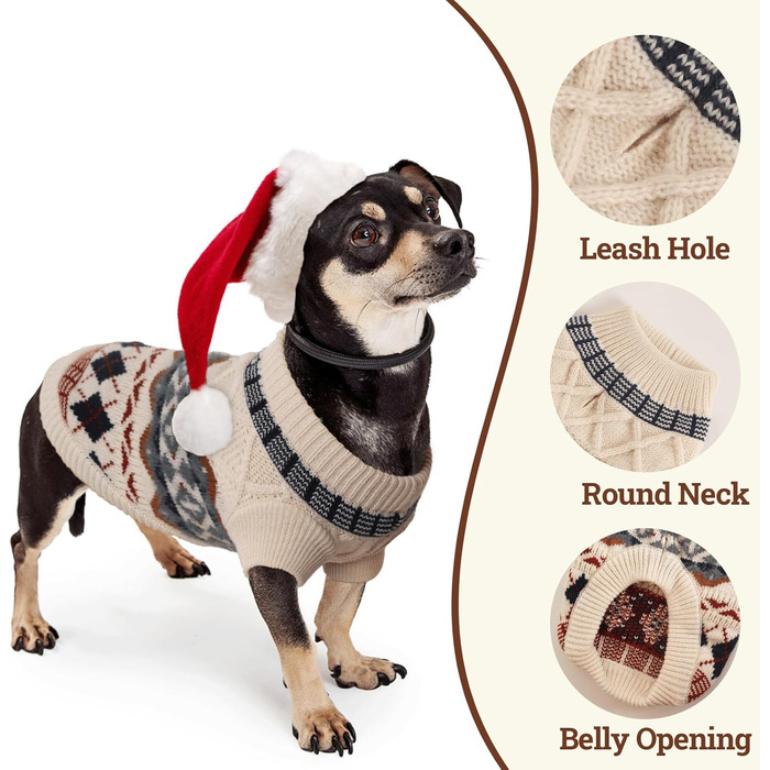 Теплий зимовий пуловер для собак маленьких порід, пуловер з отвором для нашийника, в'язаний пуловер для собак, пуловер для собак у стилі бохо, бежевий, розмір M