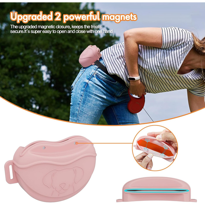Сумка для ласощів для собак AWINNER – преміум силікон, 4 потужні магніти, регульований поясний ремінь – ідеально для дресирування цуценят та прогулянок на вулиці (Рожевий)