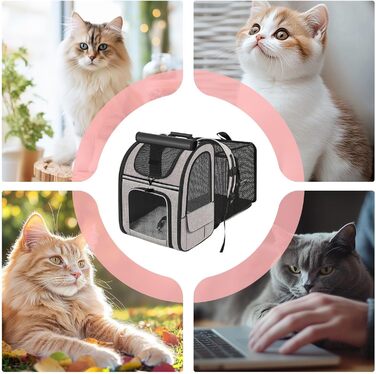 Транспортна сумка для котів, рюкзак для маленьких собак, дихаюча та розширювана сумка для тварин, сіра (з чорною основою)
